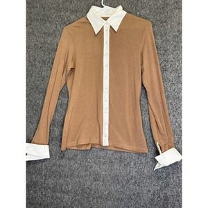 Anne Fontaine Paris Brown Modal Wool Contrast Collar Cuff Button Top Size 40 FR